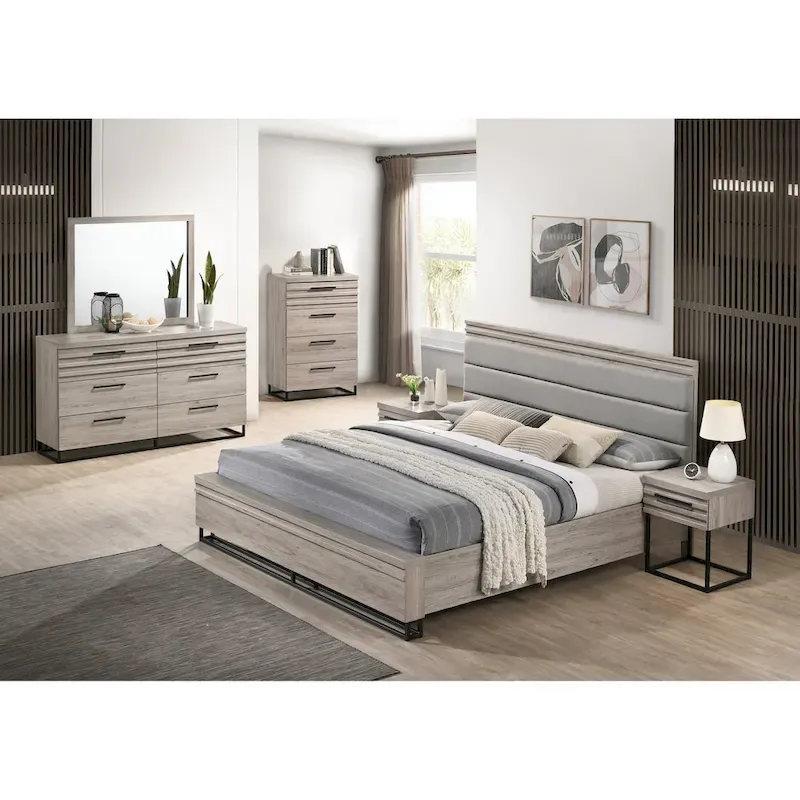 Roundhill Furniture Alvear Upholstered Wood Panel Bed, Dresser, Mirror, 2 Nightstands, and Chest, Weathered Gray