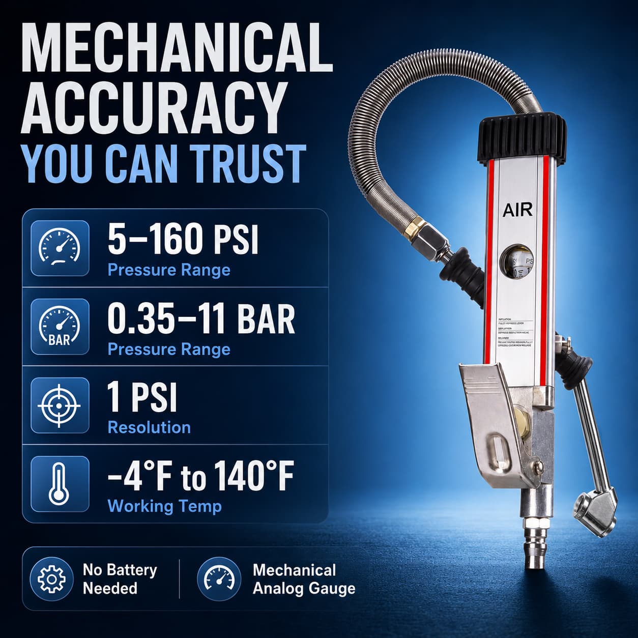 SEAPENG DP-704 Mechanical Tire Inflator Gauge, 5-160 PSI for cars, trucks, RVs and garages