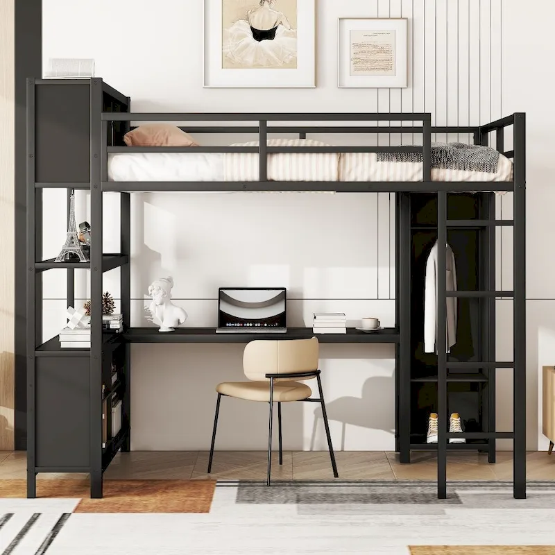 Metal Loft Bed with Wardrobe And L-Shaped Desk