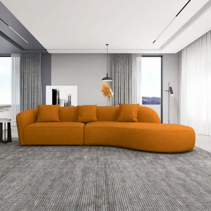 Japandi Curved Sofa with French Boucle Upholstery – Beige / Burnt Orange, Seats 2–3