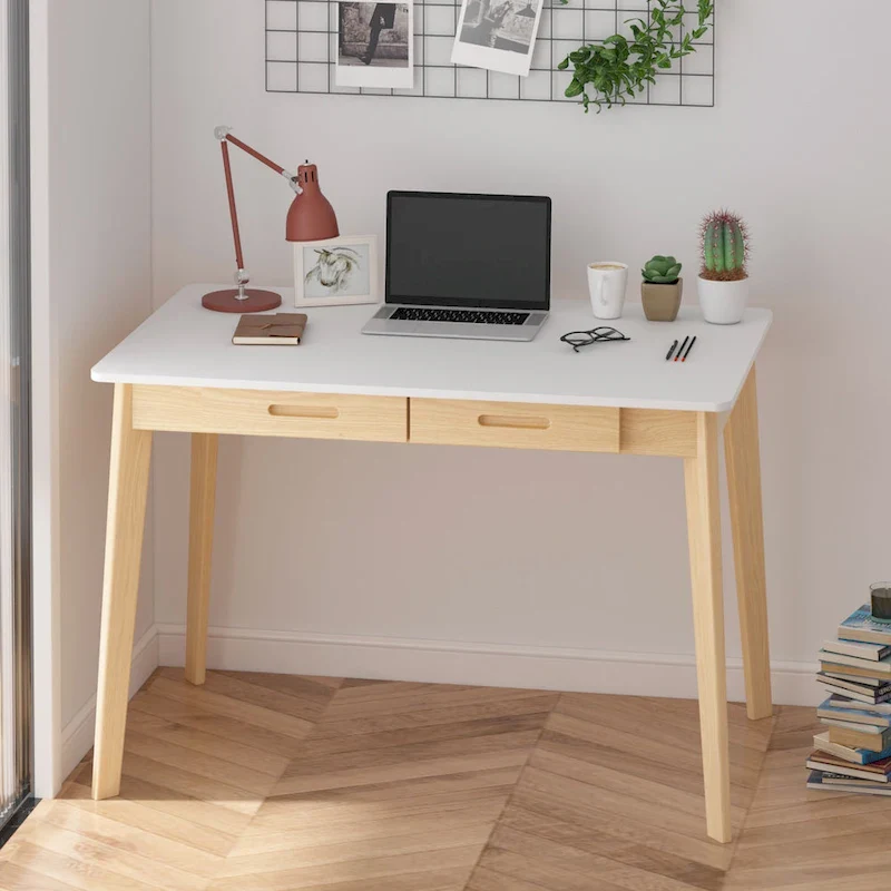 Home Office Desk - 39.4W, MDF & Solid Wood, 2 Drawers, 120 lbs Capacity, Classic Style
