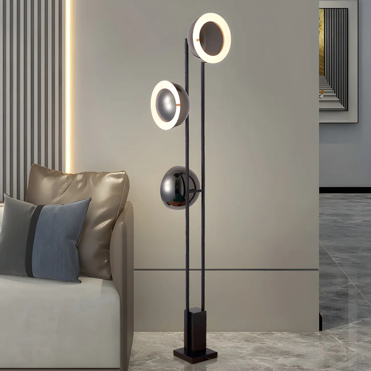 3-Light Black Floor Lamp with White Light for Living Room