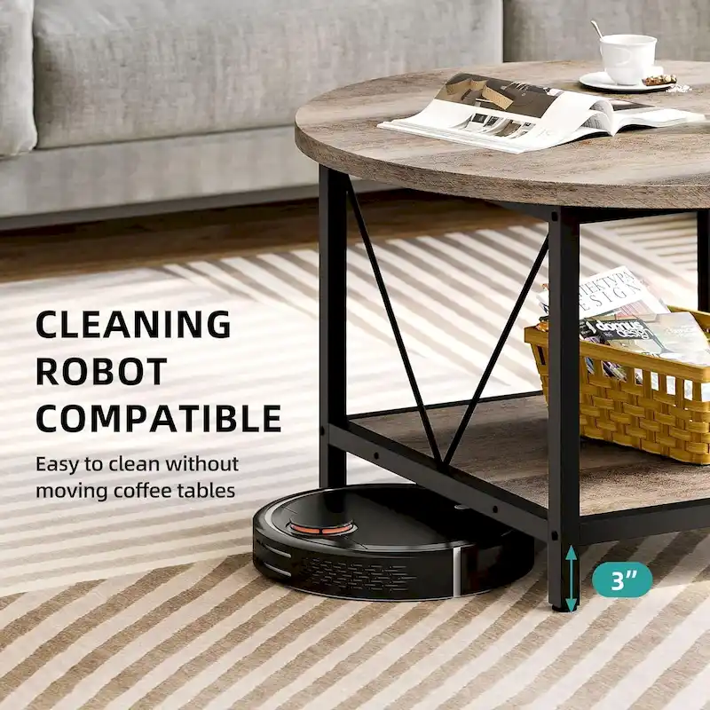 Industrial 2-Tier Round Coffee Table with Shelf