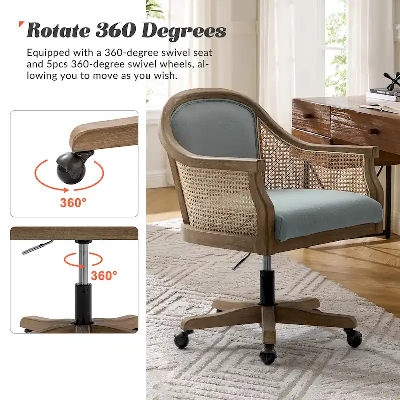 Farmhouse-Style Rattan Office Chair — 360° Swivel, Adjustable Height, Rubberwood Construction