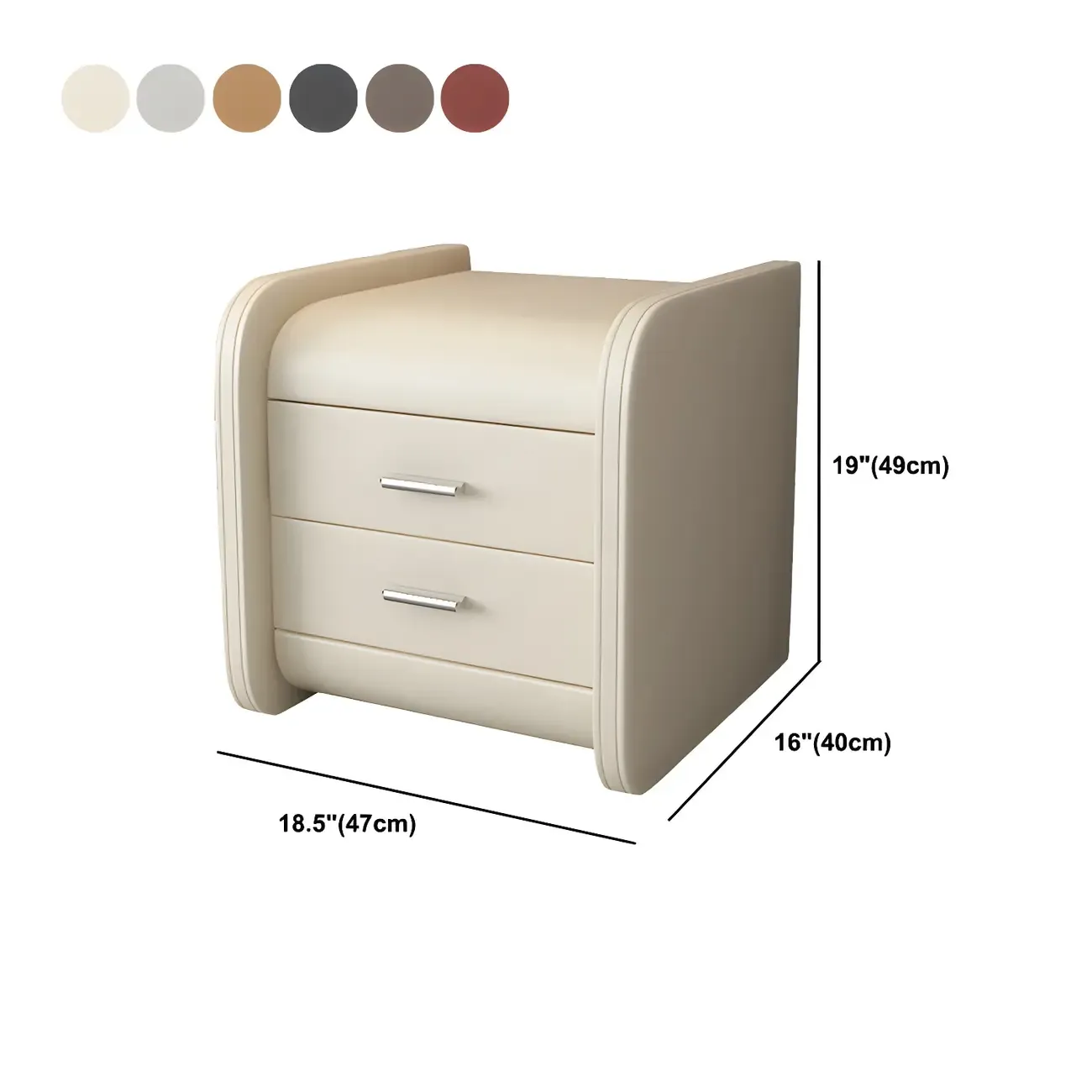 Modern Round Edge Nightstand with 2 Drawers in Beige Leather