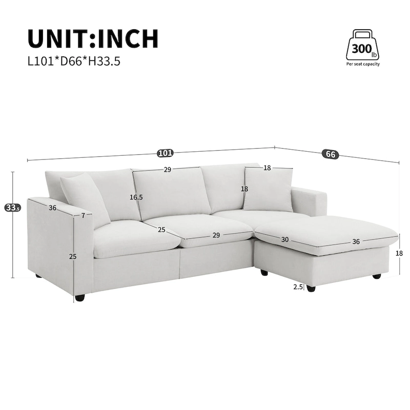 101 L-Shaped Cloud Sectional Sofa with Ottoman & Pocket Springs