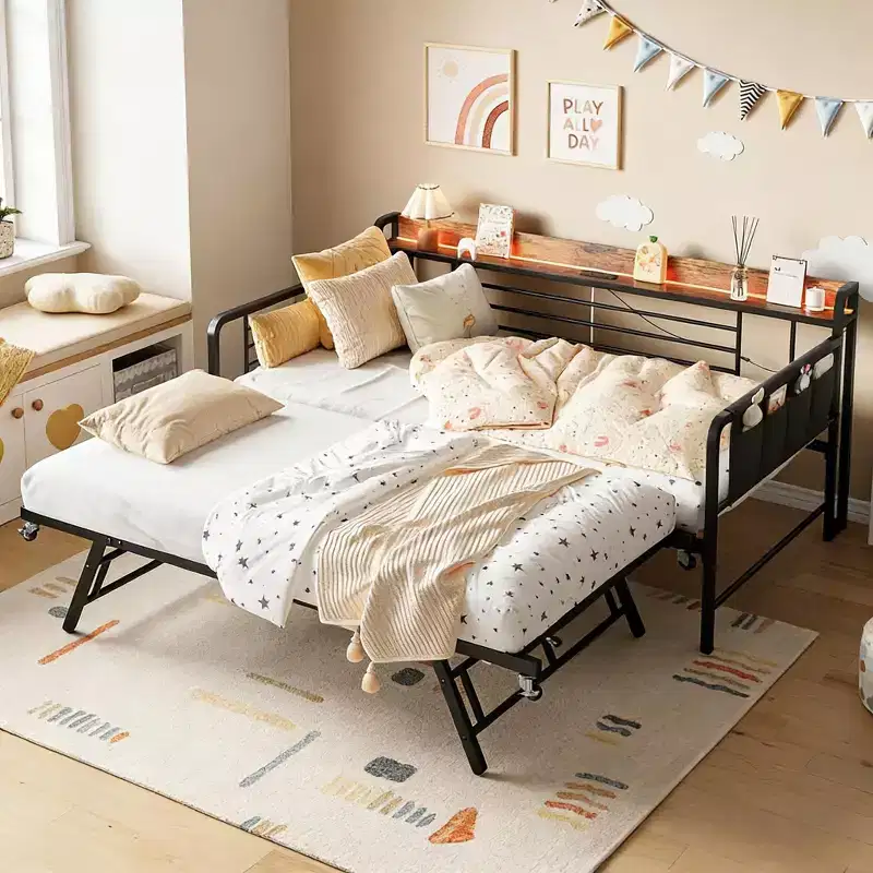 Black / White Twin Metal Daybed with Pop-Up Trundle, Storage Headboard & LED Light, Sleeps 2