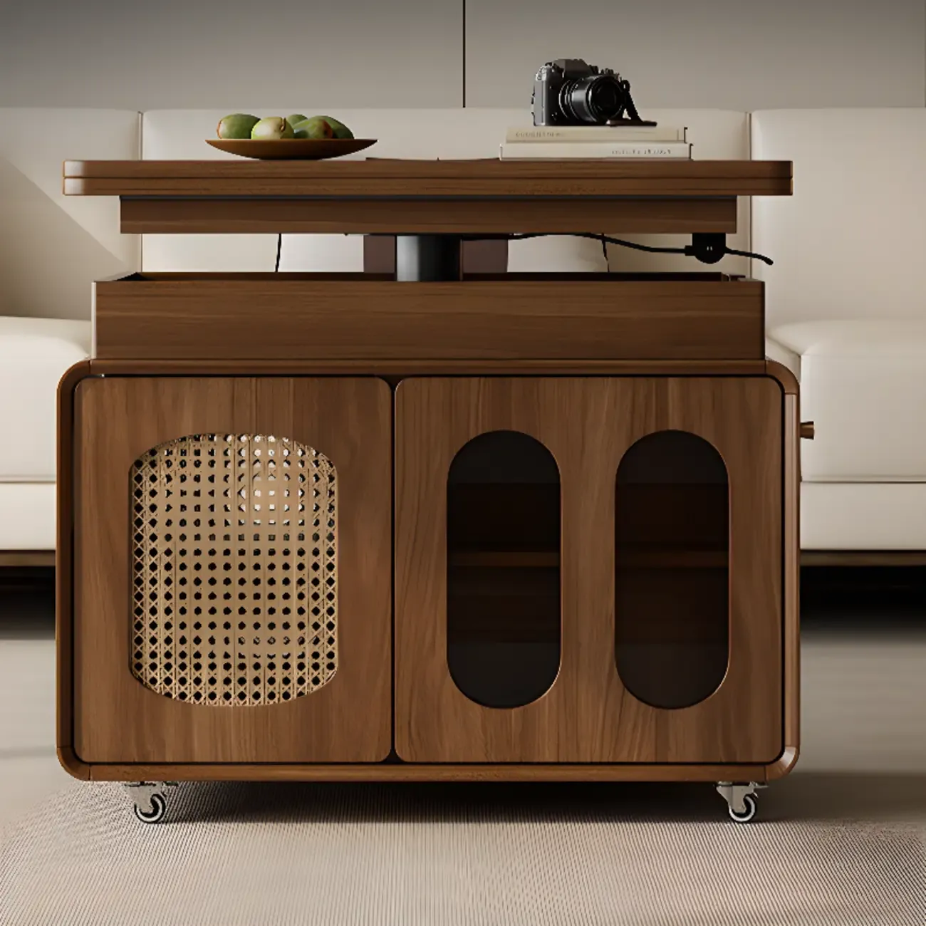 Elegant Brown Rolling Wood Side Table Adjustable Top