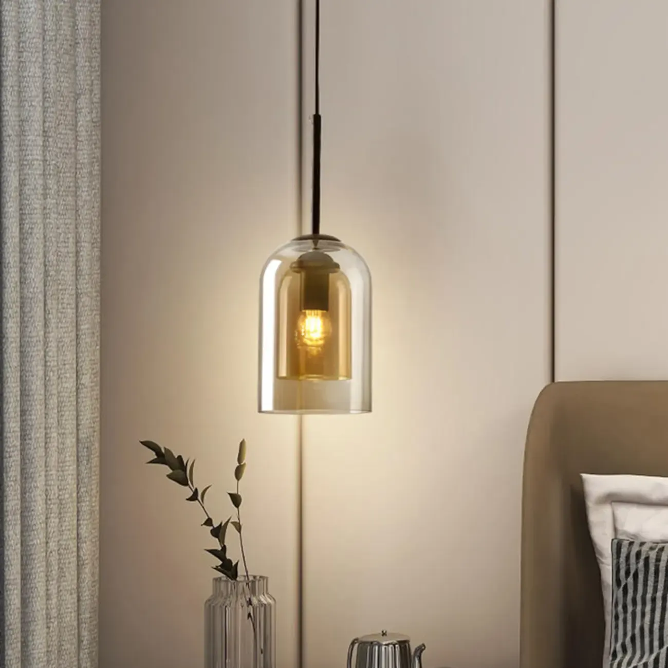 Modern 2-Layer Cylinder Glass Pendant Light for Bedroom