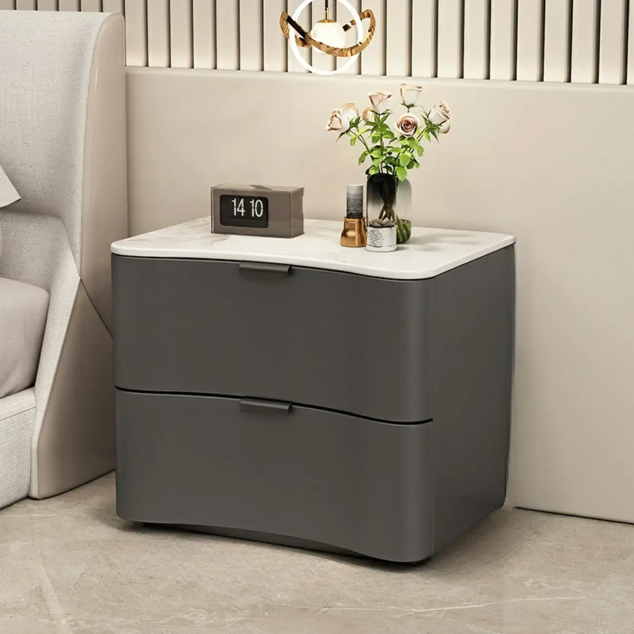 Modern Waved Stone Top Leather 2-Drawer Nightstand