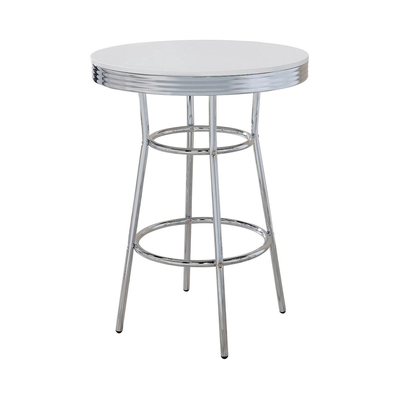 42 Inch Round Bar Table, Ribbed Apron, Glossy White Lacquer, Retro Style