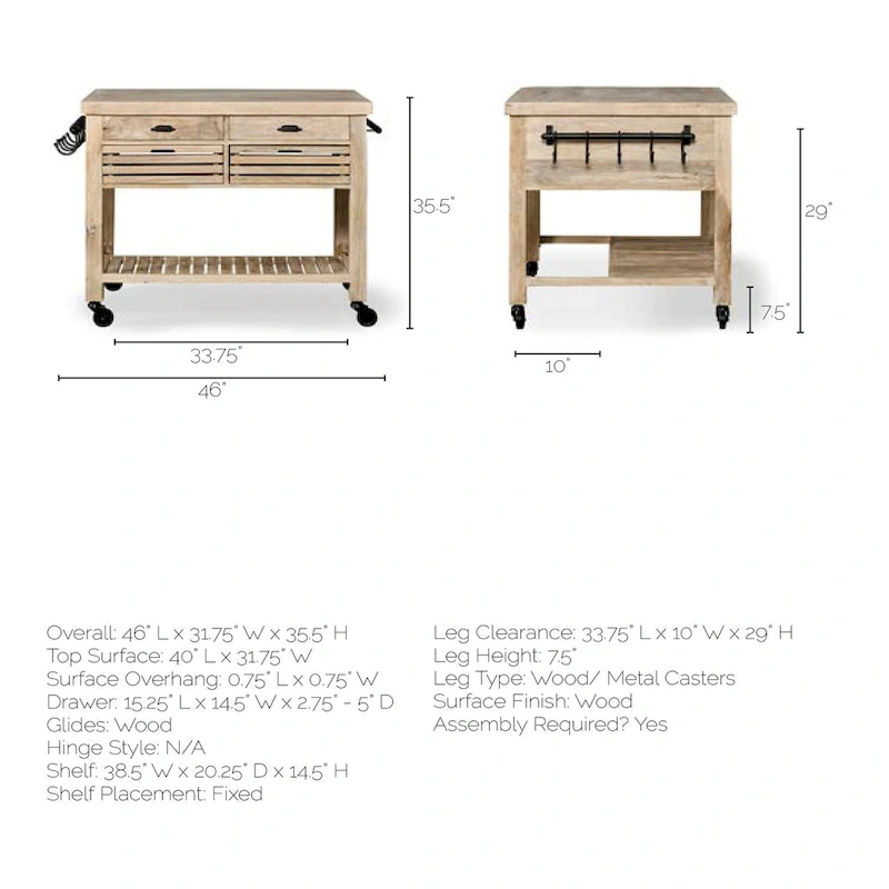 Columbia II Light Brown Base w/Black Iron, Rolling Kitchen Island - 46W x 32D x 36H