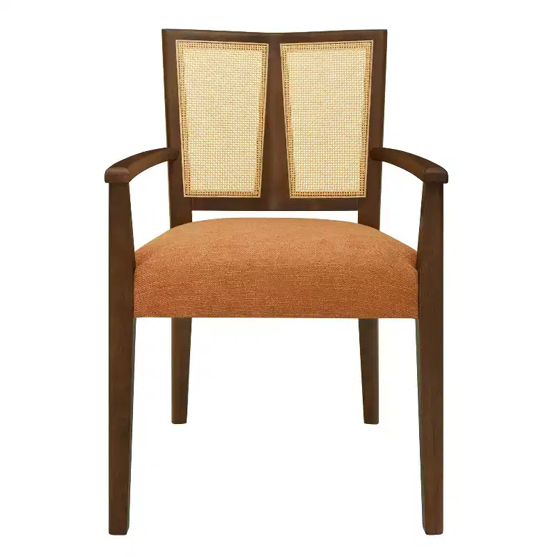 Beige/Dark Brown Upholstered Dining Arm Chairs with Rattan Back, Set of 2