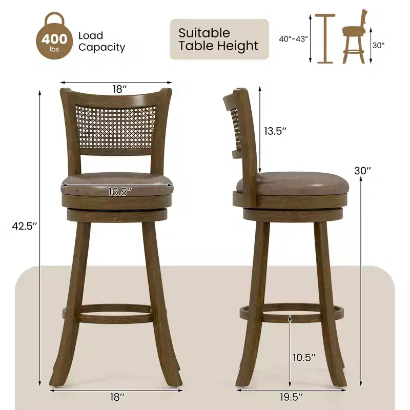 2 Bar Stools 30 Swivel Bar Chairs w/ PE Rattan Backrest Bar Height