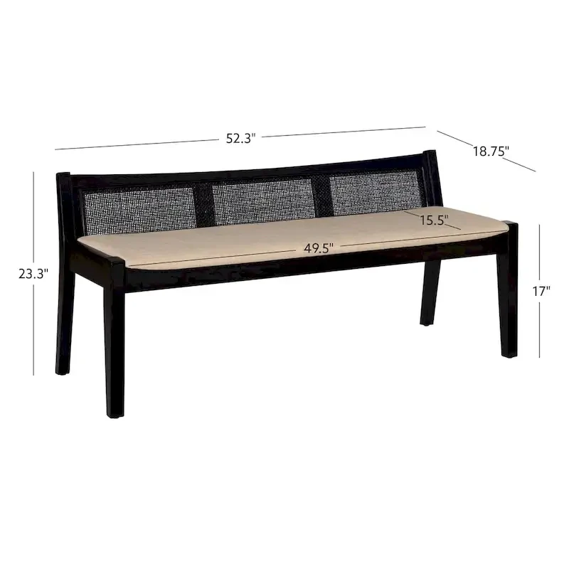 Solid Wood Cane Bench with Cushioned Seat