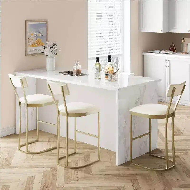 Bar Stools Set of 4, High Back Counter Height Bar Stools with White Velvet Upholstery & Gold Metal Legs, Soft Padded Kitchen Island Stools, Bar Chairs