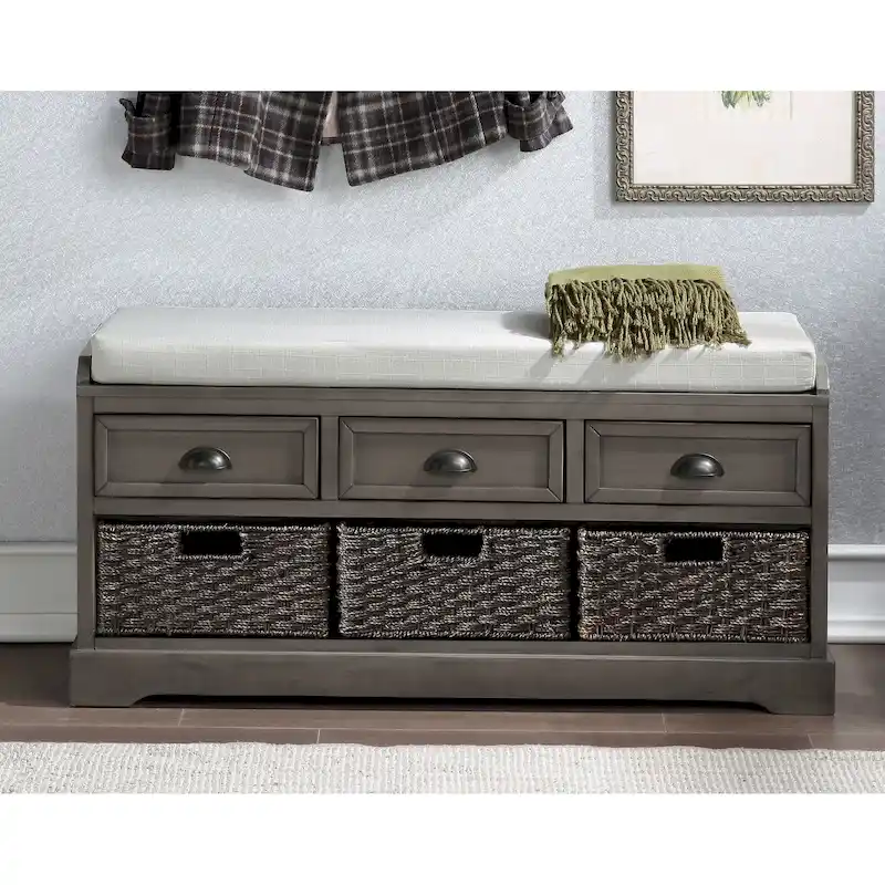 Wood Storage Bench with Cushion,3 Drawers and 3 Baskets
