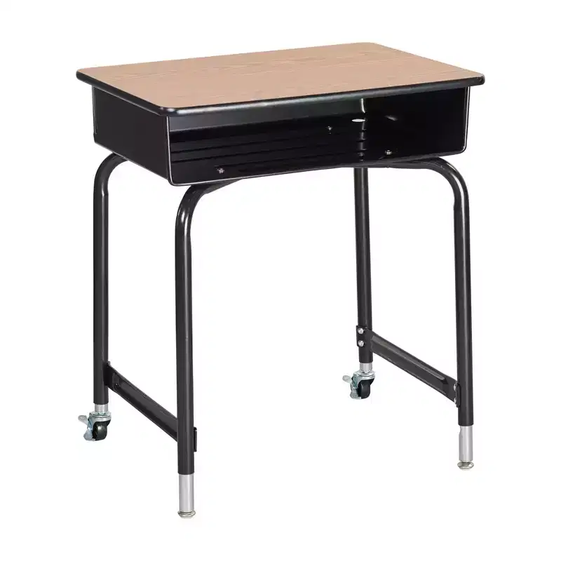 Oak Height-Adjustable Student Desk with Metal Book Box, Single