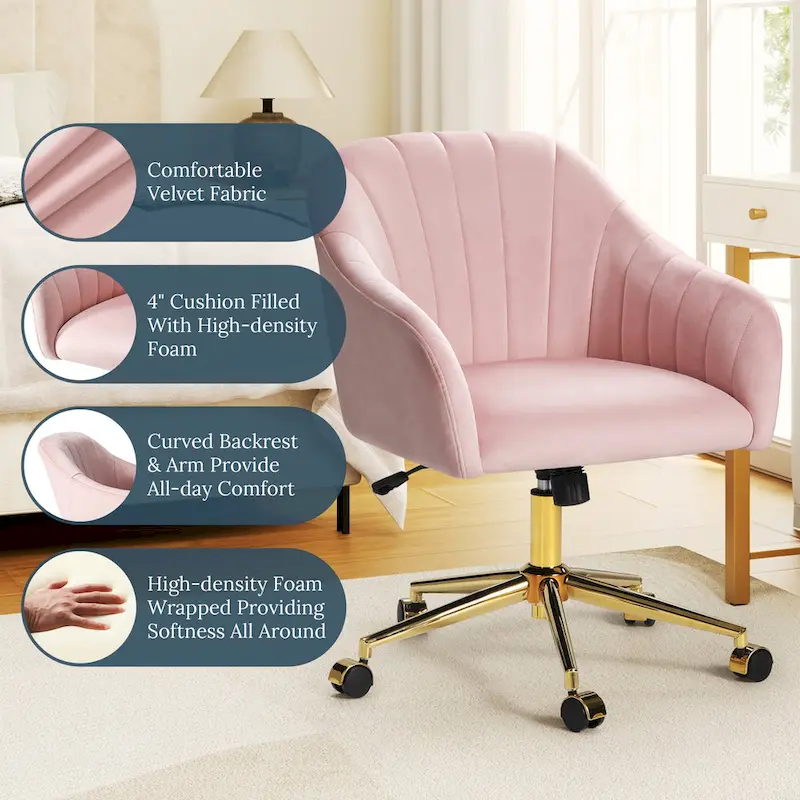 Farrah Velvet Tufted Adjustable Height Swivel Office Vanity Chair with Gold Base