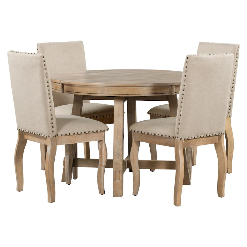 5 Piece Dining Table Set, Wooden Round Kitchen Dining Table Set with Extendable Dining Table and 4 Upholstered Dining Chairs