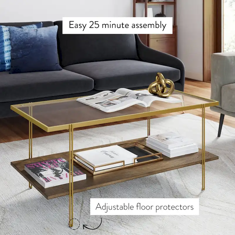 Mid-Century Coffee Table with Glass Top and Oak Shelf