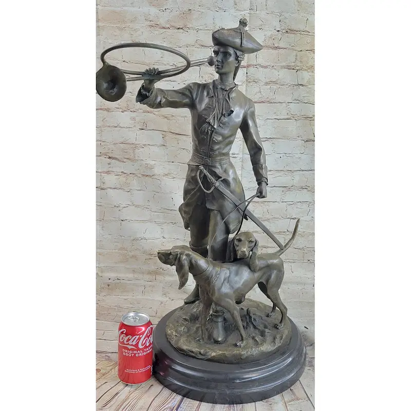 Military Bugler With Hound Imitative Dogs Bronze Statue Sculpture On Marble Base 26 Inches X 19 Inches