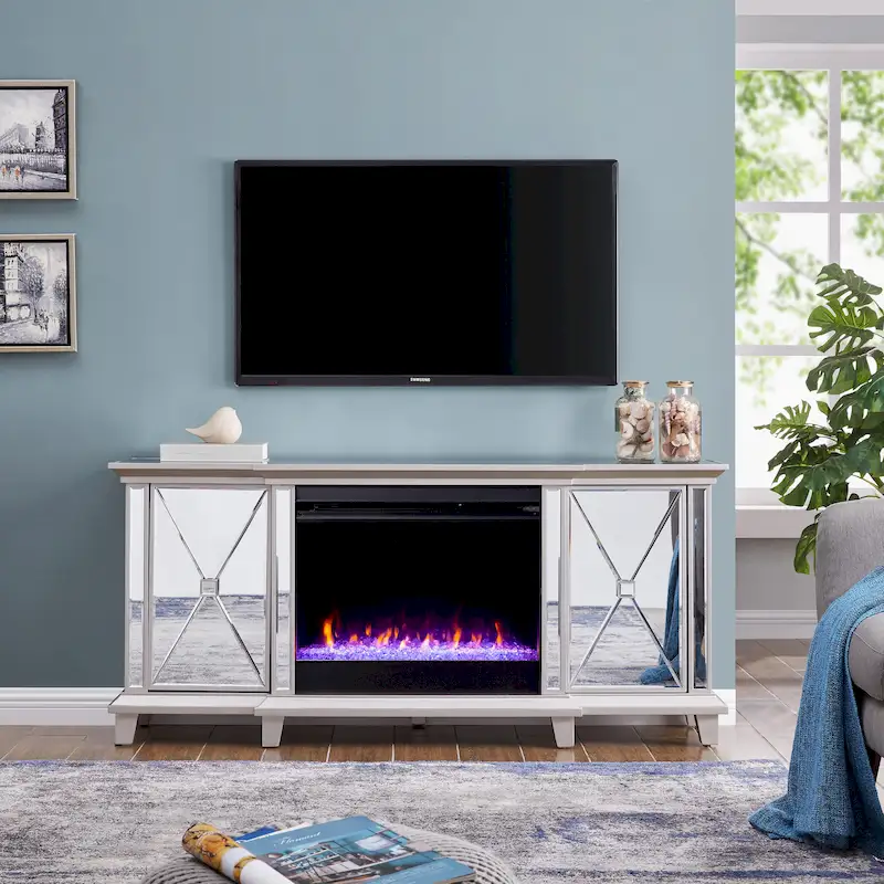 SEI Furniture Mirrored Media TV Stand with Color Changing Fireplace Insert for TV's up to 62