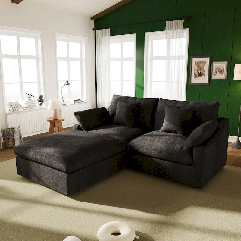 82.68 Down Filled Sectional Couch L-shape Linen Upholstered Loveseat with Ottoman