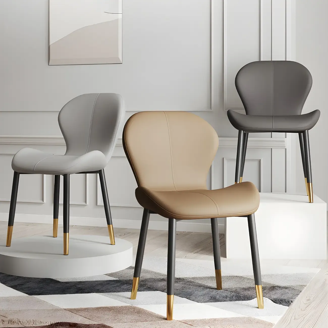 Art Deco Curved Back Leather Dining Chair Solid Back