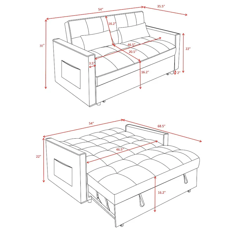 Modern Convertible Futon Sofa Bed,Adjustable Backrest,Armrest Holders