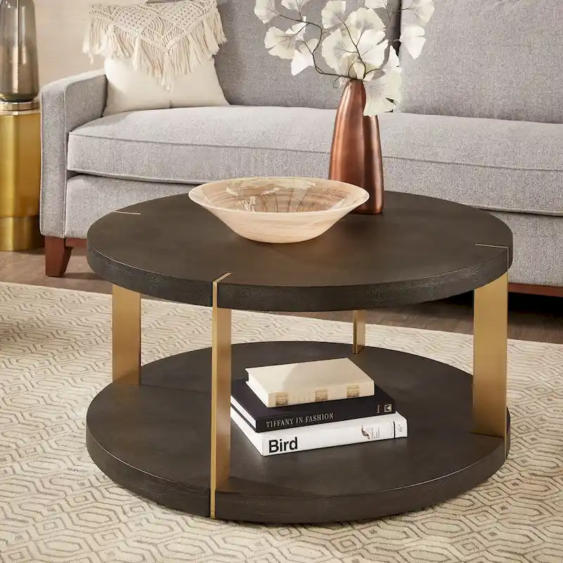 Gold Metal Dark Brown Faux Shagreen Round Table