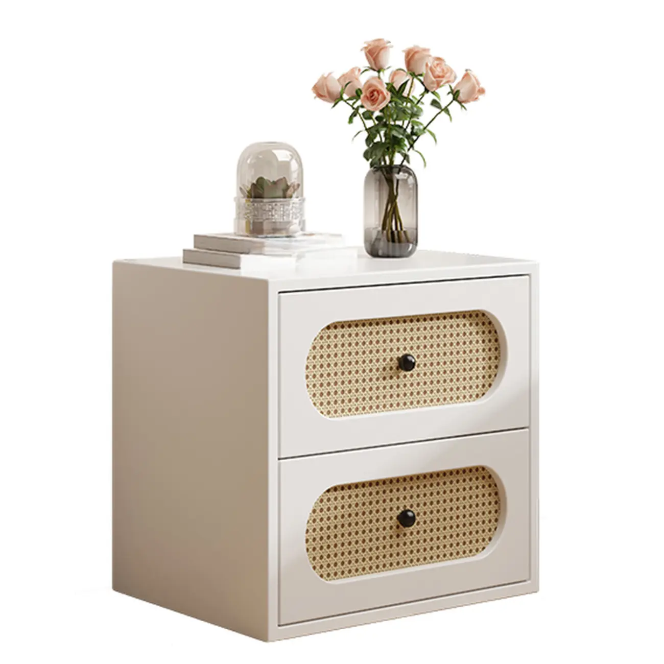 Functional White Wood Ratten 3-Drawer Narrow Nightstand