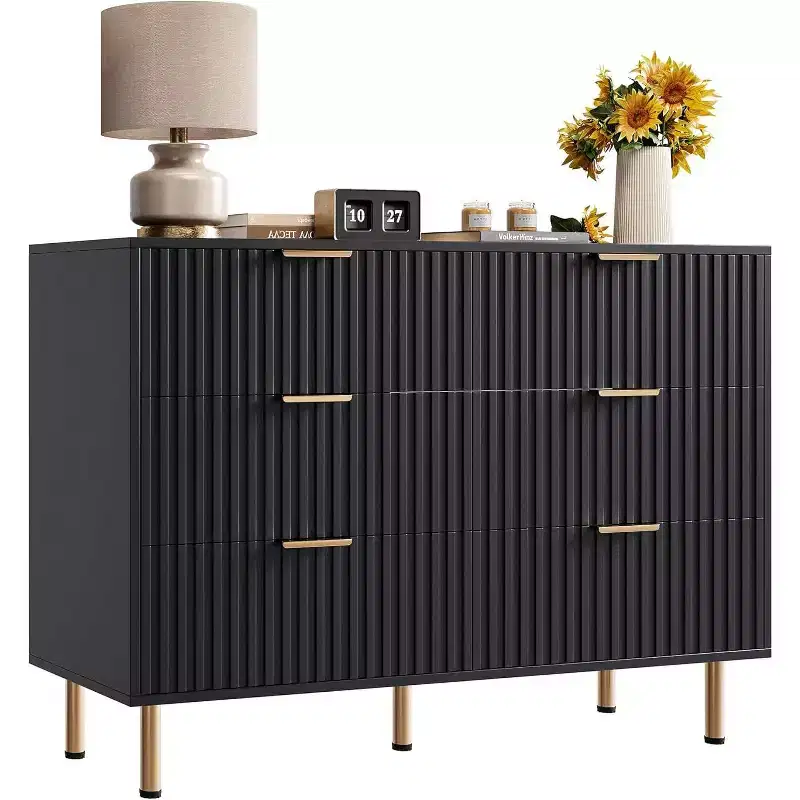 6-Drawer Dresser with Fluted Front & Gold Legs, Brown, TV Stand or Bedroom Storage Organizer