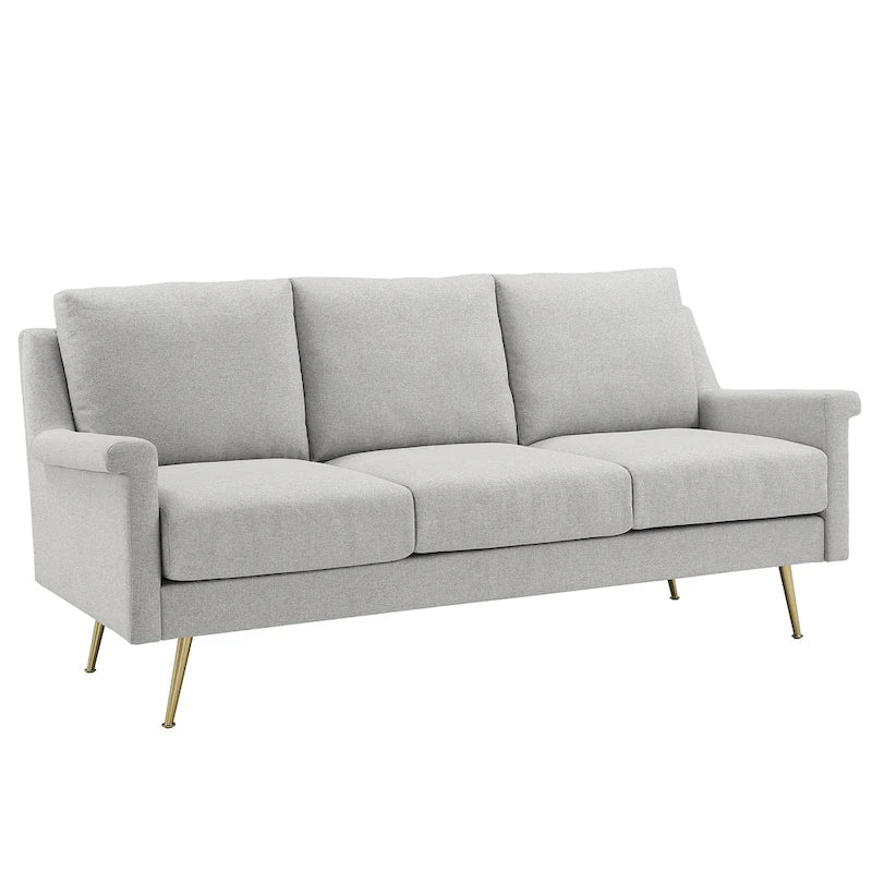 Mid-Century Modern Grey Fabric Sofa with Gold Metal Legs, 3-Seat Living Room Couch