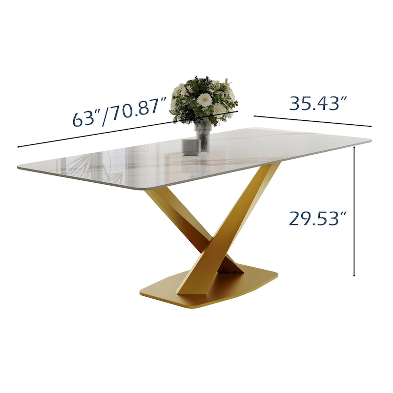 Modern Rectangular Dining table with Glossy Sintered Stone Table top, White Kitchen Table