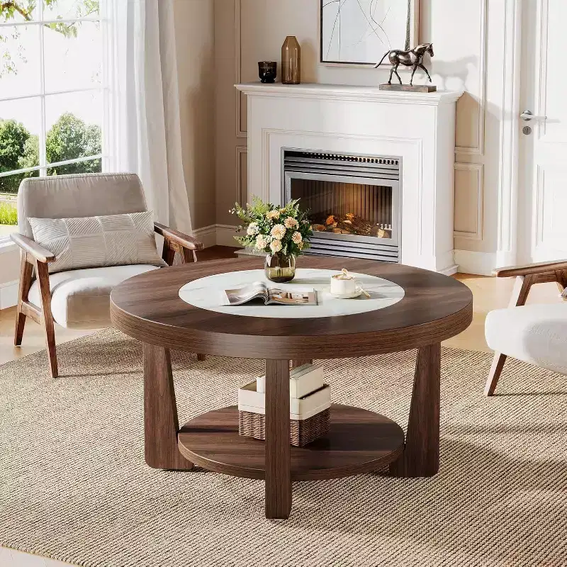 Brown 2-Tier Round Coffee Table with Storage, 4-Leg, Fits 1 Room