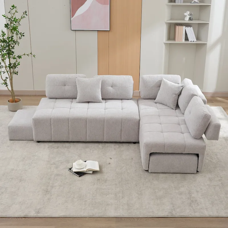 91.73 L-Shaped 4 Seater Sectional Sofa with 2 Hidden Stools, 2 Removable Lumbar Pillows, and Durable Chenille Upholstery