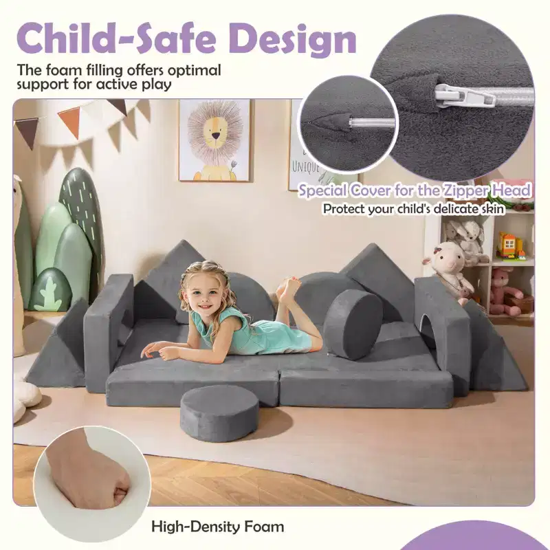 Costway 14 PCS Modular Kids Play Couch Child Sectional Sofa Toddler Soft Playset Blue/Gray/Yellow