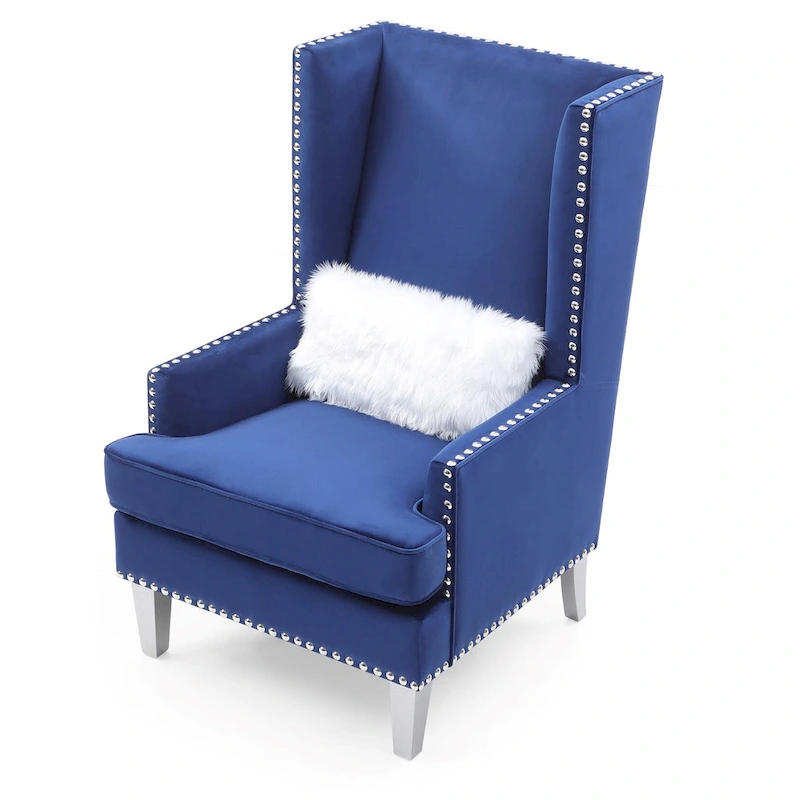 Velvet High Back Accent Chair with Fur Pillow - 47 - Blue