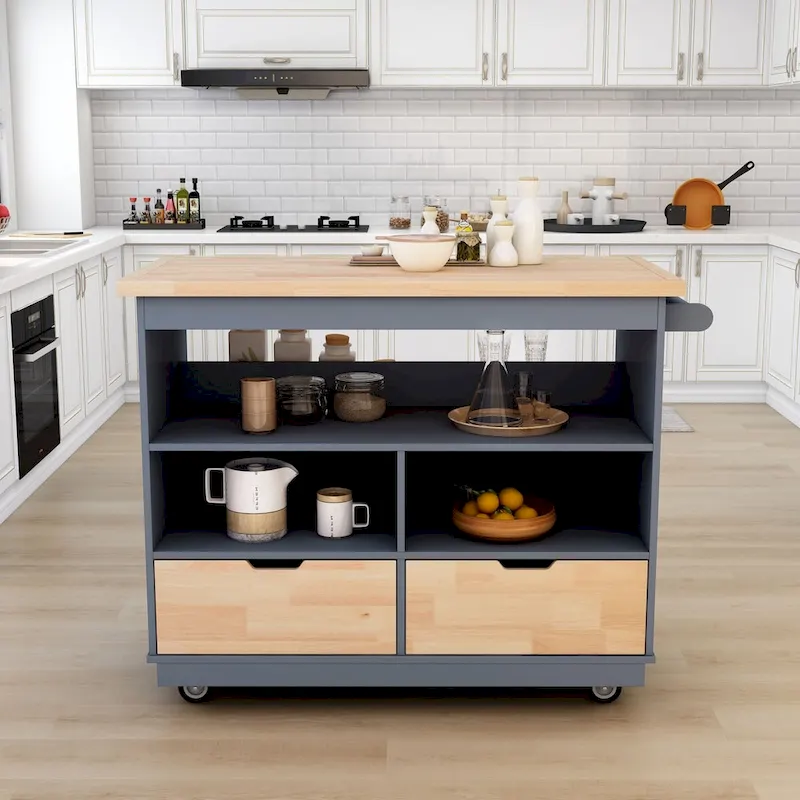 Wood Rolling Kitchen Island with 2 Drawers and 3 Open Compartments