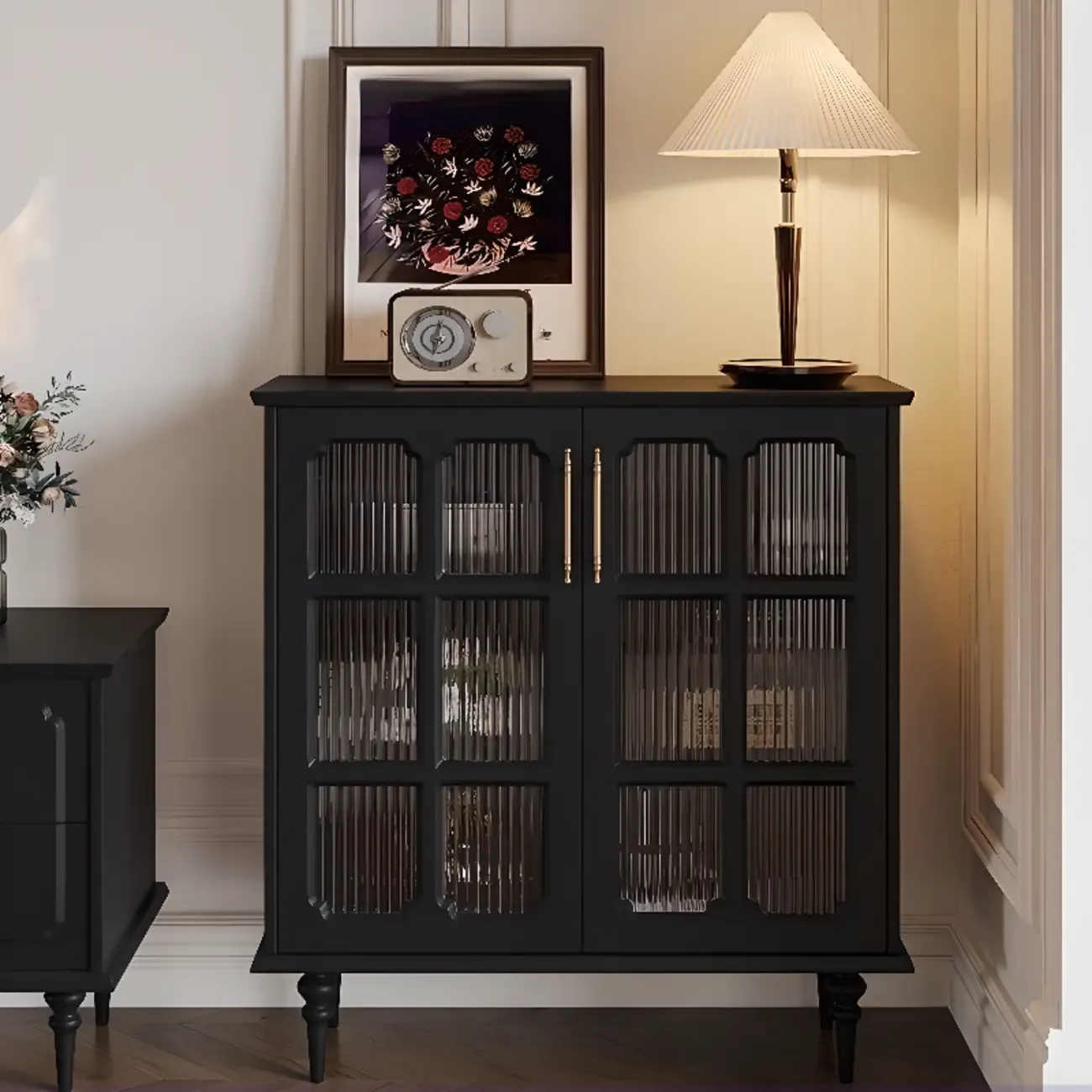 Modern Black Accent Cabinet for Living Room with Glass Door