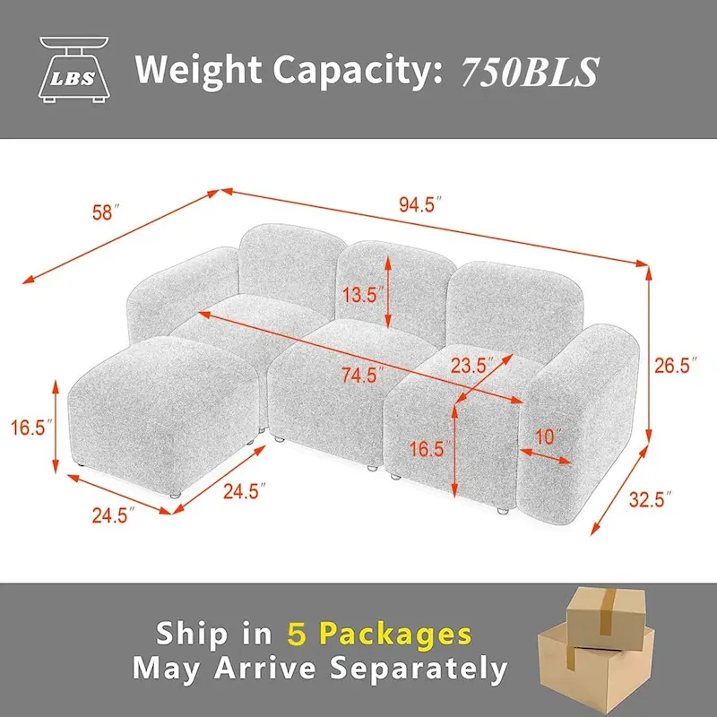 L-Shaped Modular Sectional Sofa with Chaise Lounge, 3-Seat