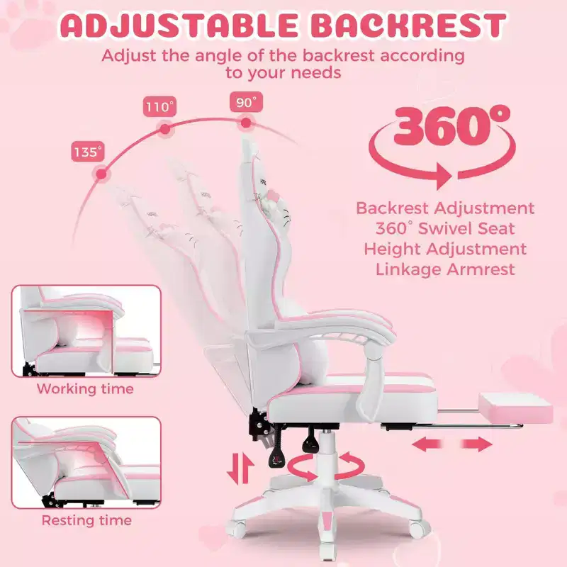 Hoffree Cute Pink Gaming Chair Girls Ergonomic Desk Chair with Footrest & Massage Lumbar