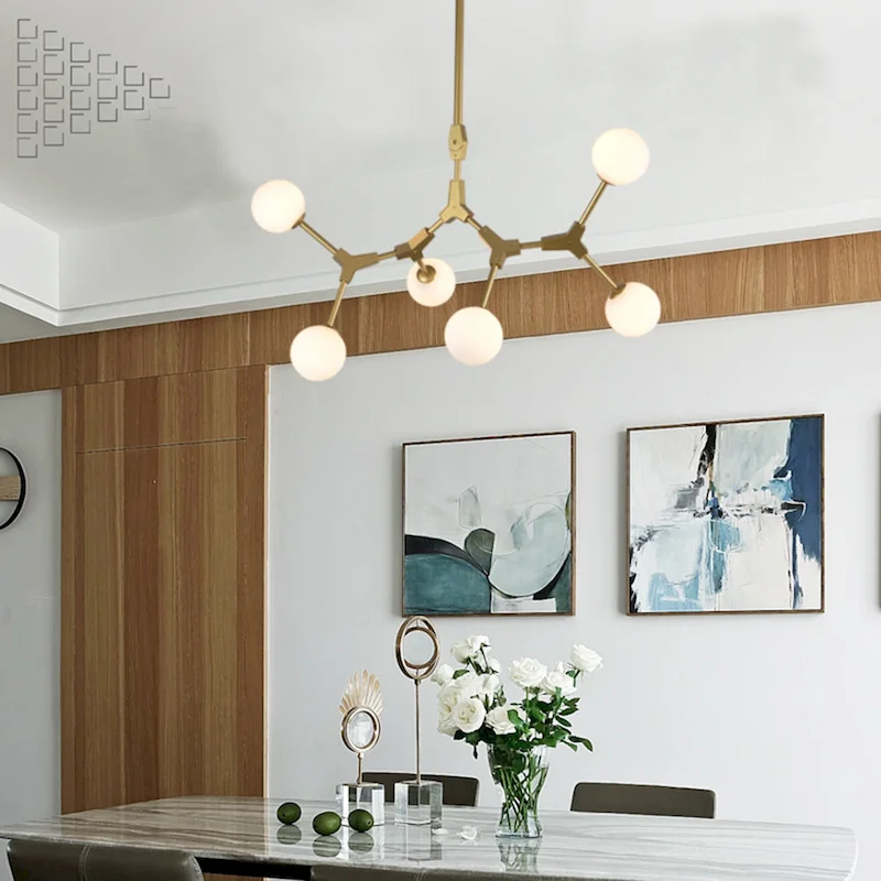 6 Light Gold Iron Pendant Lighting With White Glass Shade