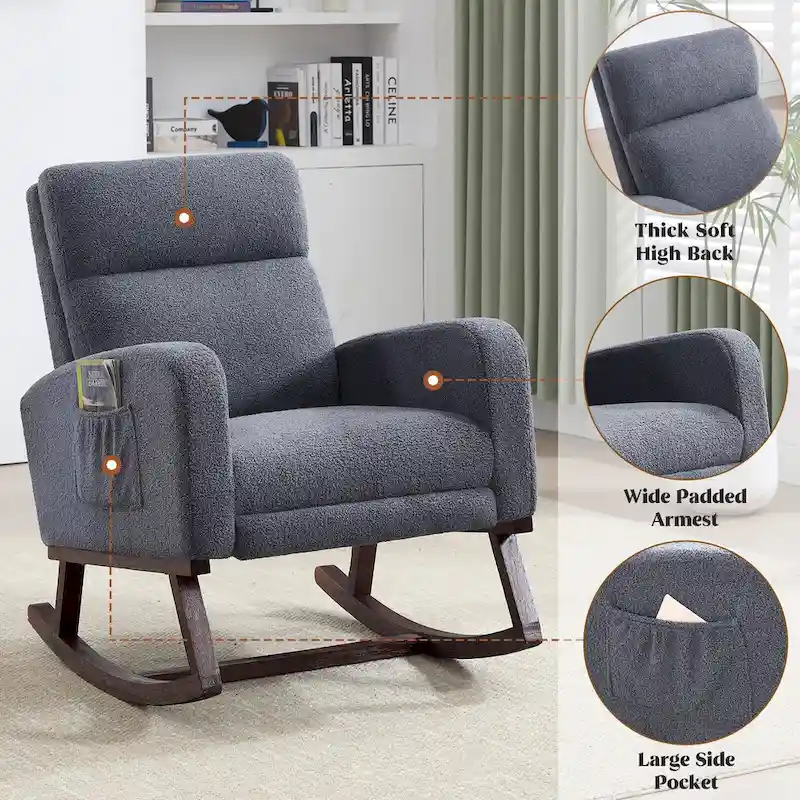 Linen Rocking Chair with Footrest and Side Pocket