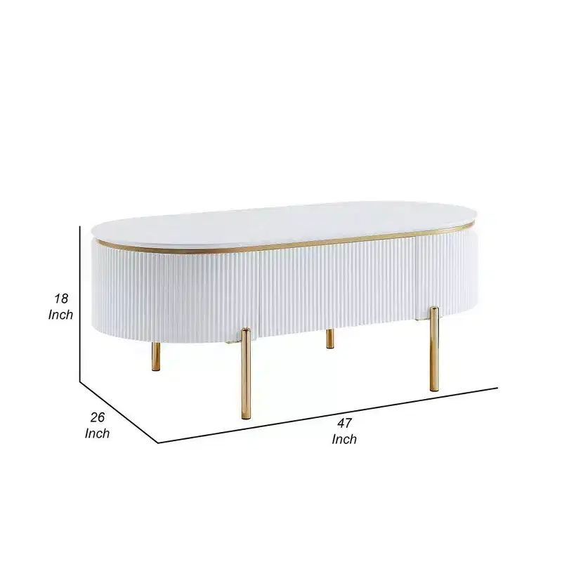 Royal Hampton Oval Coffee Table with Drawer, 47 Inch, Glossy White, Gold Metal