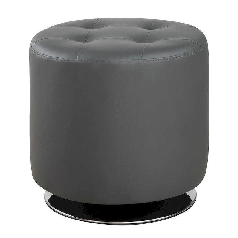 Round Leatherette Swivel Ottoman with Tufted Seat, Gray and Black