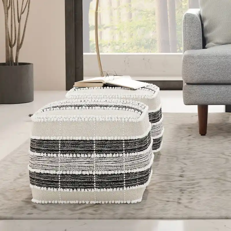 WYNDENHALL Highland Boho Square Pouf in White, Beige, Black Polystyrene Filling