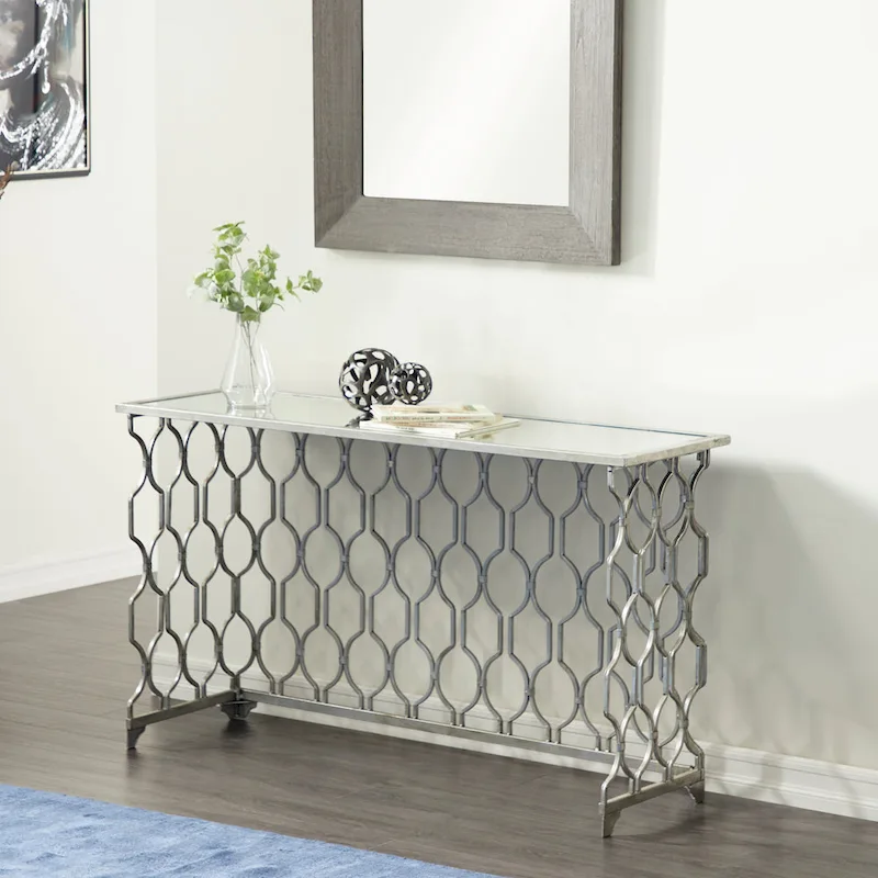 Metal Geometric Console Table with Mirrored Glass Top - Silver - Roche River Decor - 18Wx55Lx32H