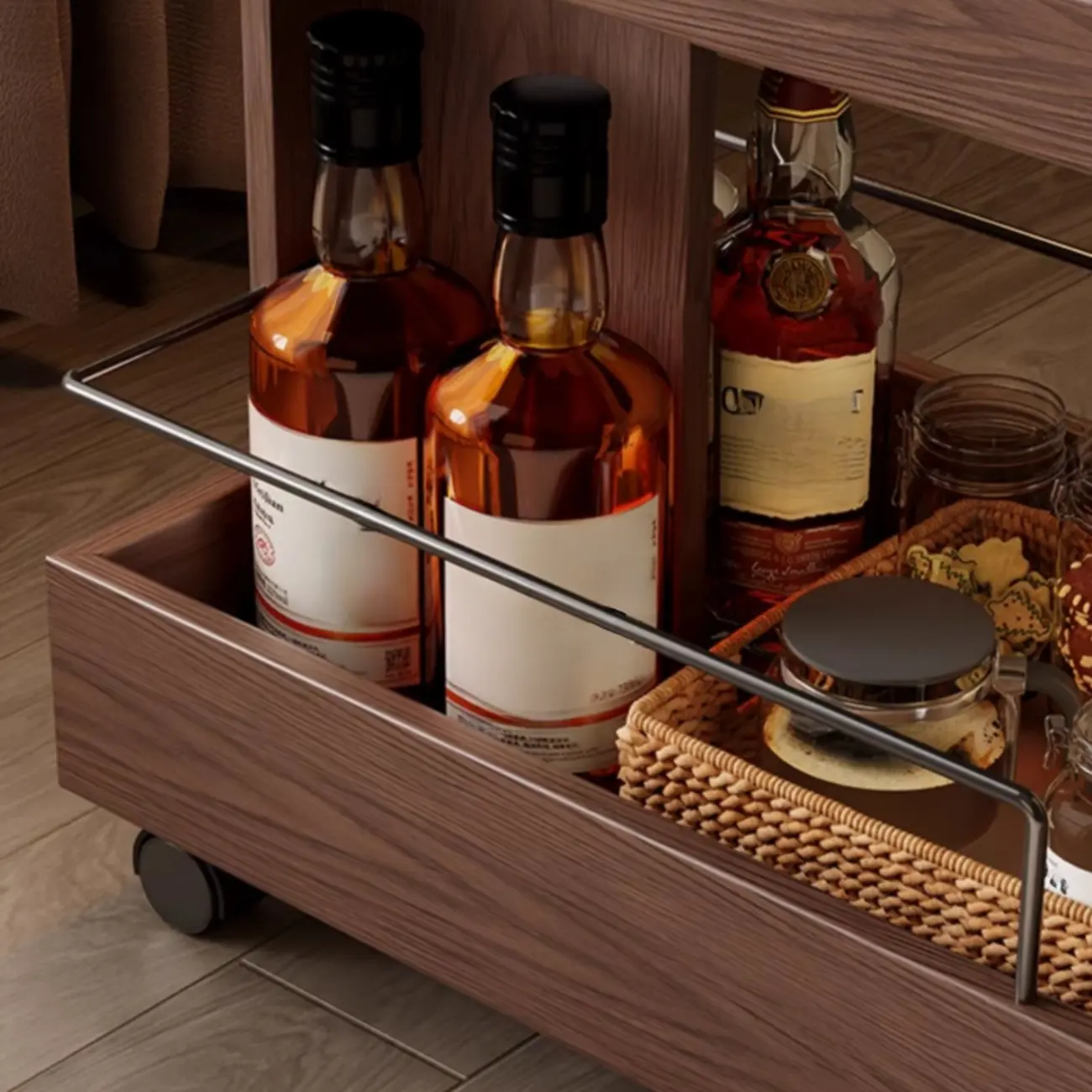 Brown Wood Rectangular 3-Tier Rolling Side Table